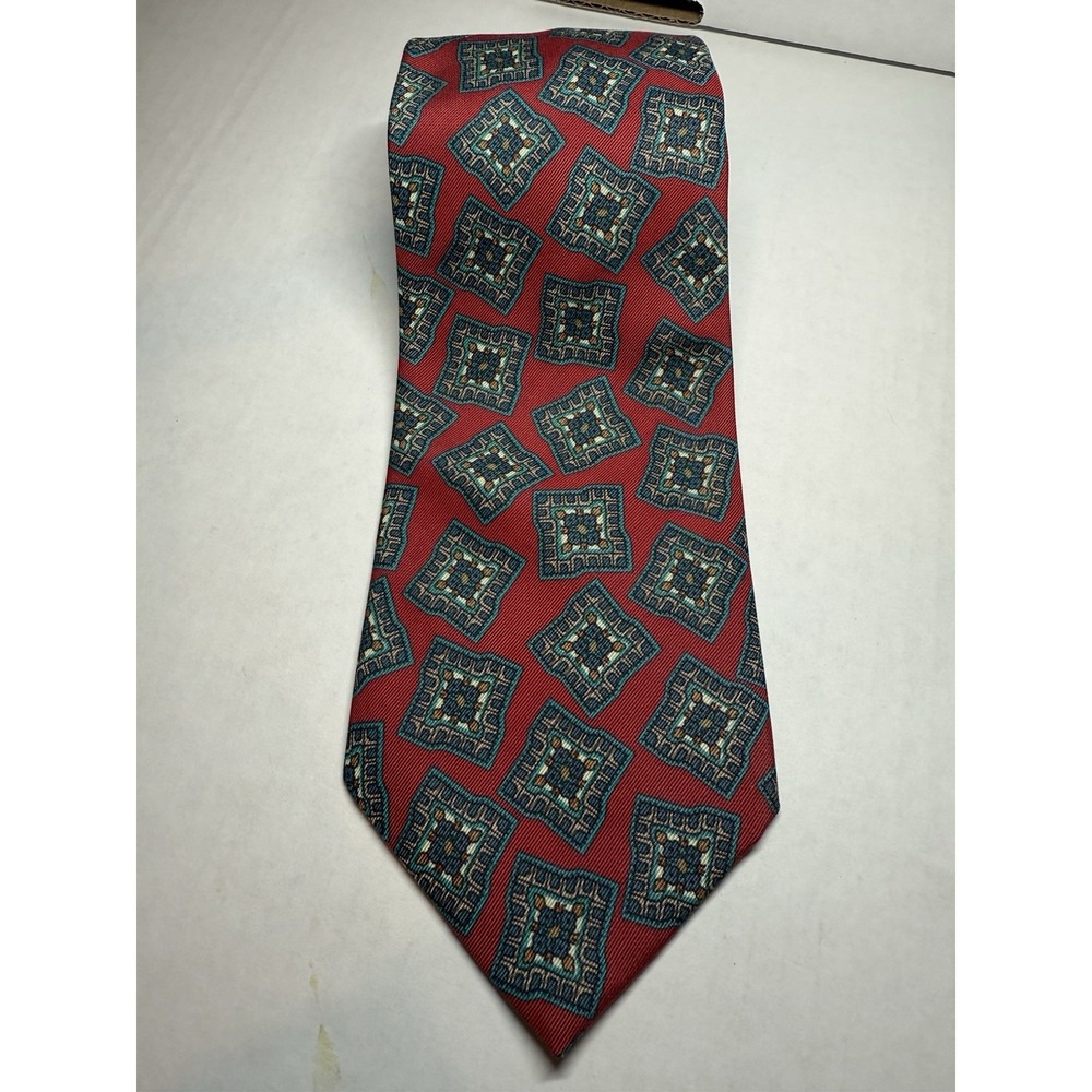 VTG Ferrell Reed 100% Silk Tie Red Green Geometric Mens Necktie EUC 58.5" x 3.5"